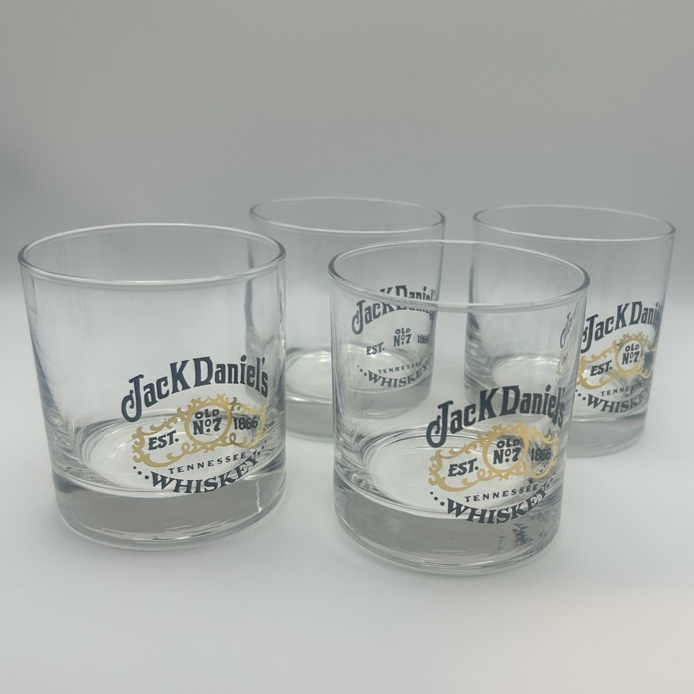 Jack Daniel's Old No. 7 Whiskey Rocks Glass Set of 4 Logo Clear Black Gold 3.5in